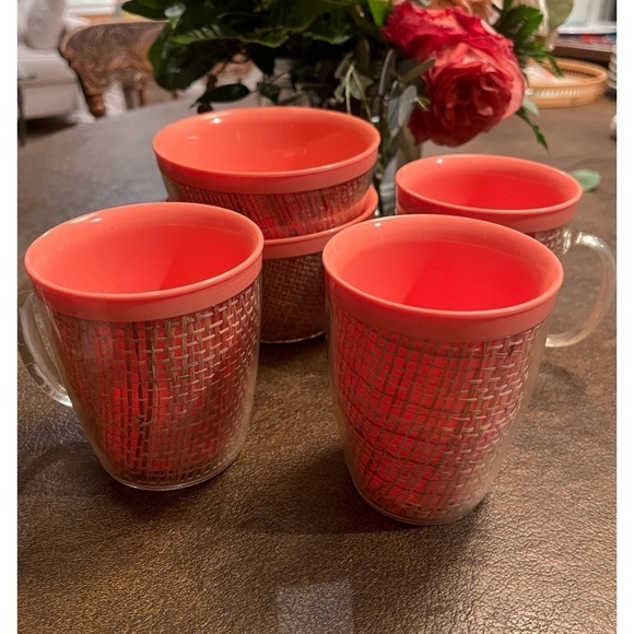 Set of Vintage MCM Raffia Ware 1950s in Coral Pink - Picture 1 of 13